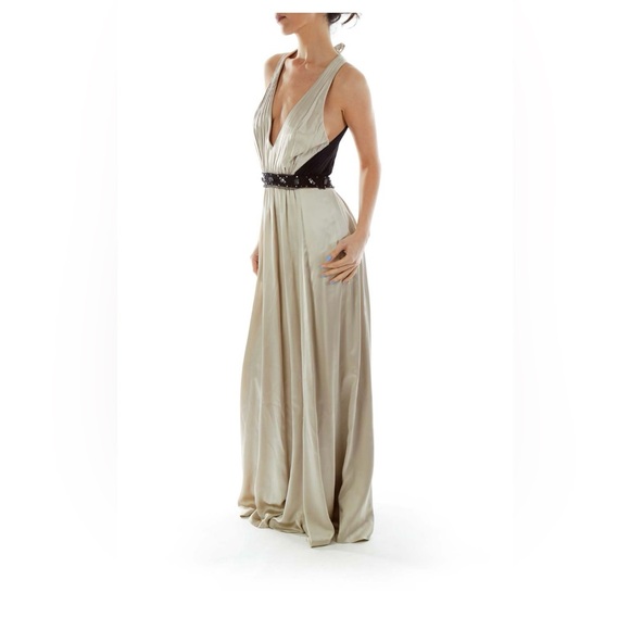 SOLD - BCBG MaxAzria Beige Silk Beaded Evening Gown EUC - Picture 3 of 11